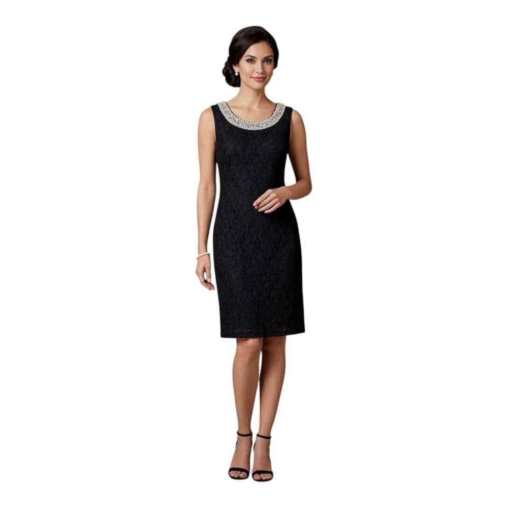 R&M Richards Black Lace Midi Dress with Beaded Collar